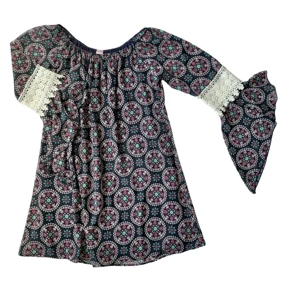 Pink Coconut Boutique Dresses | Dark Blue Geometric Crochet Bell Sleeves Above Knee Tunic Dress | Color: Blue/Purple | Size: M | No1leftout's Closet